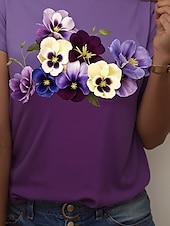 abordables T-shirt floral-t-shirt femme décontracté imprimé manches courtes hauts réguliers quotidien violet été