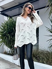 tanie Jednolite kolory-Damskie Sweter sweter Elegancki Codzienny Czyste kolory Prążkowany W serek Koronka Niejednolita całość Dzianiny Długi rękaw Długie topy Robić na drutach Codzienny Wyjściowe Biały Wiosna Jesień