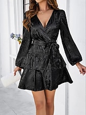 cheap Cocktail Dress-Women&#039;s Layered Bow Waist Dress Mini Dress Puff Sleeve Elegant Classic Plain V Neck Long Sleeve Wedding Guest Cocktail Party Spring Fall Black Blue
