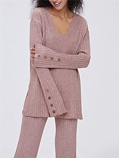 billiga Sovkläder till damer-pyjamasset för kvinnor ren färg mode grundläggande komfort hem daglig säng stickad andas v wire långärmad tröja byxknapp resår midja höst vinter hem outfits