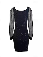 abordables robe noire midi-robe noire Robe unie Robe de cocktail noire Femme Robe mi-longue Maille Patchwork Plein Air Rendez-vous Décontractées Col en U manche longue Standard Noir S M L