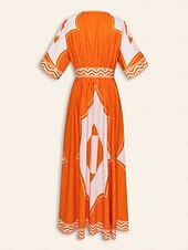 economico abito casual stampato-abito lungo da vacanza in stile bohémien con stampa geometrica e scollo a V