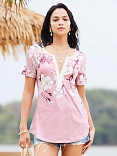 cheap Floral tee-Women&#039;s T Shirt Henley Shirt Floral Vintage Tunic Short Sleeve V Neck Regular Tops Casual Daily Print Red Green Gray