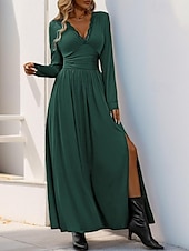 ieftine rochie maxi neagra-Pentru femei Rochie neagra Rochie Maxi Dantelă Zdrobit Dată Casual În V Manșon Lung Negru Roșu-aprins Albastru piscină Culoare