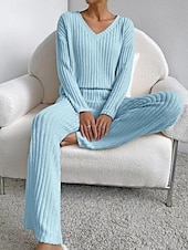 cheap Pajama-setter-Women&#039;s Loungewear Pajama Set Simple Home V Neck Long Sleeve Pullover Pant Spring Fall Black Blue Home Outfits