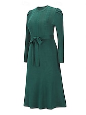 preiswerte Strickkleider-Damen Pullover Kleid Modisch elegante kleider Feste Farbe Gerippt Rundhalsausschnitt Strick Langarm Normale Oberteile Stricken Arbeit Täglich Schwarz Grün Herbst Winter