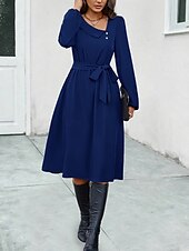 preiswerte Kleider für die Arbeit-Elegantes Midikleid für Damen in Dunkelgrün, lange Ärmel, mit Gürtel, V-Ausschnitt, Knopfdetail, lässige A-Linie, fließend, vielseitig einsetzbar, Herbst/Frühlings-Kleidung