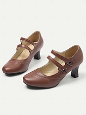 billige 1950-talls retro-Kvinne Vintage Gatsby Brune Mary Jane Hæler med Brogue Detaljer Komfortable Mid Hæl Sko Retro-Inspirerte Antrekk