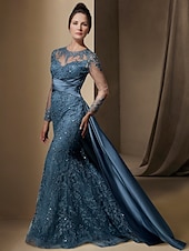 economico BLU-Abito da festa sirena Madre della Sposa Abito Ospite di matrimonio Elegante Collo gioiello Treno a strascico  spazzola Stretch raso Manica lunga con pizzo paillettes arricciato per impressionare 2025