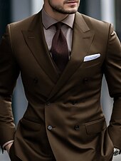 abordables Trajes formales-Trajes de Boda para Hombre Trajes de Regreso a Casa Color Sólido Café Ajuste Entallado 2 Piezas Doble Botón Seis botones