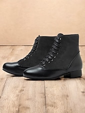 tanie Buty vintage-damskie wiktoriańskie botki sznurowane w kolorze czerwonym i czarnym z kontrastowym zamszem i skórą - buty na płaskim obcasie inspirowane stylem vintage na cosplay i formalne imprezy