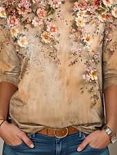 ieftine tricou floral-Tunică pentru femei T-Shirt Modă Casual Print Manșon Lung Bluze Regulate Guler Rotund Zilnic Galben Roz Albastru Primăvară Toamnă