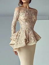 voordelige Vloerlengte-Zeemeermin moeder van de bruid jurk formele bruiloft gast elegante scoop hals vloer lengte kant stretch stof lange mouw met ruffles applicaties 2025 gratis maat op maat