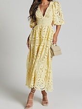 abordables Robes en dentelle blanche-Femmes Mini Robe Robe Blanche Robe trapèze Robe bohème Élégant Manches bouffantes robe demoiselle d honneur Date Coupe régulière Couleur Unie Uni Demi Manches Col en V Noir Blanche Jaune Bleu Été