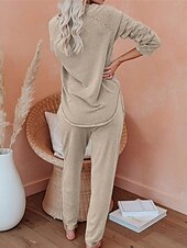 billiga Sovkläder till damer-pyjamasset för kvinnor ren färg mode grundläggande komfort hem daglig säng andas rund hals långärmad byxficka resår midja höst vinter hem outfits