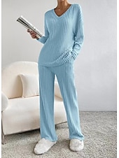 cheap Pajama-setter-Women&#039;s Loungewear Pajama Set Simple Home V Neck Long Sleeve Pullover Pant Spring Fall Black Blue Home Outfits