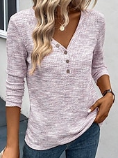ieftine Topuri simple pentru femei-Pentru femei Tricou Simplu Elegant Casual Manșon Lung În V Topuri obișnuite Zilnic Nasturi Roz Îmbujorat Primăvară Toamnă