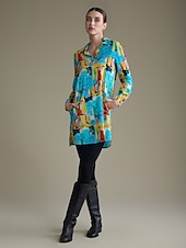 baratos vestido casual estampado-vestido mini camisa rayon graffiti com punho e lapela