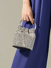 cheap Clutches &amp; Evening Bags-Women&#039;s Sparkling Silver Rhinestone Bucket Bag with Metal Ring Handle | Glamorous Accessory for Evening Parties and Special Occasions