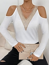 economico Top in Pizzo-camicetta da donna elegante moderna con taglio a maniche lunghe regolare top scollo a V lavoro quotidiano nero bianco primavera autunno