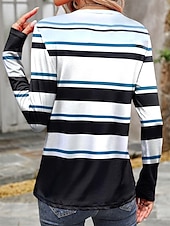 abordables Camiseta a rayas y geométrica-Camiseta de mujer con estampado casual, manga larga, cuello redondo, uso diario, azul, primavera y otoño