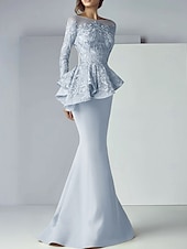 voordelige Vloerlengte-Zeemeermin moeder van de bruid jurk formele bruiloft gast elegante scoop hals vloer lengte kant stretch stof lange mouw met ruffles applicaties 2025 gratis maat op maat