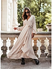 voordelige Vrouwen zwarte jurk-Dames Zwarte jurk Maxi-jurk Veters Gespleten dij Casual V-hals Lange mouw Zwart Wit Blozend Roze Kleur