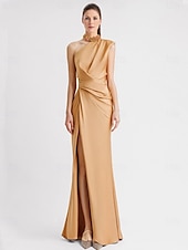 cheap YELLOW-Sheath Evening Gown Elegant Dress Formal Floor Length Sleeveless One Shoulder Pocket Satin with Appliques dress to impress