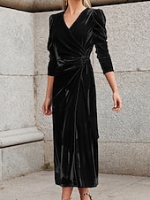 abordables Robe noire-robe noire en velours pour femme, robe longue froncée, unie, col en V, manches longues, coupe ajustée, printemps automne, noir