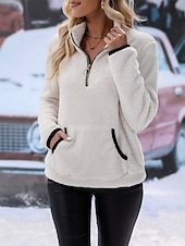 billiga Fuzzy Sweatshirts-Dam Ledigt Långärmad Hög hals Vanliga toppar Gata Vardag Dragkedja Ficka Vit Vin Blå Purpur Höst Vinter