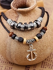 economico Gioielli da uomo-collana con ciondolo a forma di ancora multistrato da uomo - corda satinata, calcoli biliari neri, perline di legno e lega, lunghezza regolabile, stile nautico per abbigliamento casual e da spiaggia
