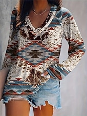 tanie T-shirt boho-damska koszulka vintage etniczny nadruk długi rękaw regularny top dekolt w serek wakacje weekend niebieski wiosna jesień