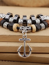 economico Gioielli da uomo-collana con ciondolo a forma di ancora multistrato da uomo - corda satinata, calcoli biliari neri, perline di legno e lega, lunghezza regolabile, stile nautico per abbigliamento casual e da spiaggia