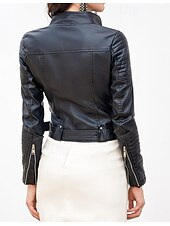 billiga Blazers och kostymer-Dam Läderjackor Vardaglig jacka Utomhus Dragkedja Ensfärgat Vindtät Mode Normal Ytterkläder Långärmad Höst Svart S