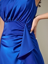 baratos vestido de festa-vestido longo azul cetim sem mangas com babados e um ombro só