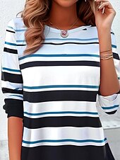 abordables Camiseta a rayas y geométrica-Camiseta de mujer con estampado casual, manga larga, cuello redondo, uso diario, azul, primavera y otoño