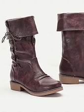 preiswerte Kampfstiefel-Burgunderrote, wandelbare Stiefel mit halbhoher Schafthöhe für Damen mit umklappbarem Schaft und Schnürdetail – vielseitiges Schuhwerk im Vintage-Stil für lässige und herbstliche Outfits