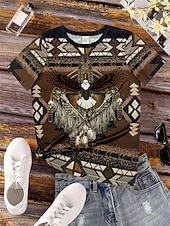 billiga Boho t-shirt-kvinnors t-shirt vintage etniska casual tryck kortärmad vanliga toppar semester brun sommar