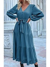 abordables Robes de travail-Robe unie Femme Robe Maxi Lacet Ruché Plein Air Rendez-vous Décontractées Col V manche longue Ample Bleu Orange Vert S M L XL