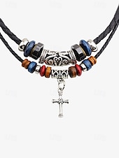 economico Gioielli da uomo-collana con ciondolo a forma di ancora multistrato da uomo - corda satinata, calcoli biliari neri, perline di legno e lega, lunghezza regolabile, stile nautico per abbigliamento casual e da spiaggia