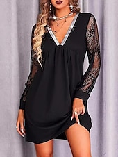 abordables Robe noire-robe noire femme dentelle maille patchwork sequin mini robe unie col en V manches longues printemps automne noir