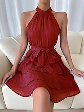cheap Mini Black Dress-Women&#039;s Mini Dress Graduation Dress Casual Dress Summer Dress Plain Dress Streetwear Basic Casual Vacation Street Holiday Regular Fit Sleeveless Halter Neck Black Red Blue Purple Summer