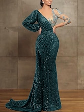 preiswerte GELB-Mermaid Pailletten Abendkleid Elegantes Kleid Formal Hof Zug Langarm Illusionskragen mit Falten Maskeradenkleid