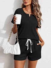 abordables Conjunto de pijama-Conjunto de pijama para mujer, color puro, informal, cómodo, para el hogar, uso diario, licra, cómodo, con escote en V, manga corta, pantalón, cintura elástica, conjuntos de verano para el hogar