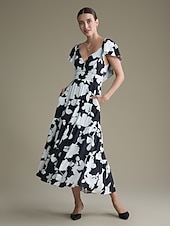 preiswerte Lässiges Kleid mit Aufdruck-Geblümtes Kleid aus Tencel-Mischung mit elastischem Bund und V-Ausschnitt
