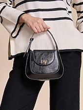abordables Bolsos de mano y tote-Bolso de mano clásico de piel negra para mujer: elegante cierre de solapa con herrajes en tono dorado, perfecto para uso profesional y de noche.