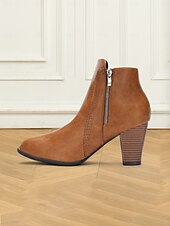 cheap Vintage Boots-Women&#039;s Brown Faux Leather Ankle Boots with Side Zipper and Block Heel - Vintage Style for Casual and Dressy Occasions