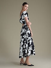 preiswerte Lässiges Kleid mit Aufdruck-Geblümtes Kleid aus Tencel-Mischung mit elastischem Bund und V-Ausschnitt