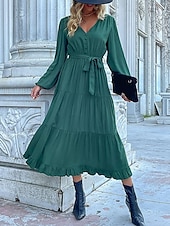 abordables Robes de travail-Robe unie Femme Robe Maxi Lacet Ruché Plein Air Rendez-vous Décontractées Col V manche longue Ample Bleu Orange Vert S M L XL