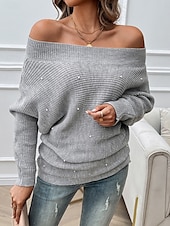 billiga Solida färger-Dam Pullover tröja Mode Ledigt Ensfärgat Tjock Över axeln Pärlor Drop Shoulder Långärmad Vanliga toppar Sticka Dagligen Kaki Grå Vår Höst